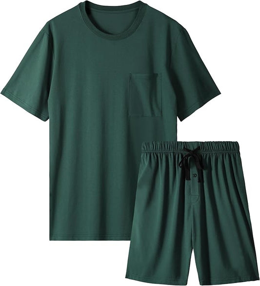 BAMBOO COOL Mens Pajama Set Summer Pjs Sleepwear Short Sleeve Shirts Soft Lightweight Sleep Sets with Pockets S-2XL