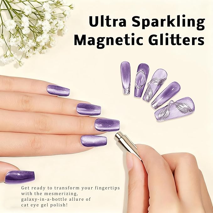 Gel Nail Polish Set, Cat Eye Gel Polish Kit, Holographic Reflective Magnetic Shimmer Glitter Dark Light Purple Gel, Manicure Salon DIY Gifts, Soak Off, UV/LED Cured (9 Colors C)