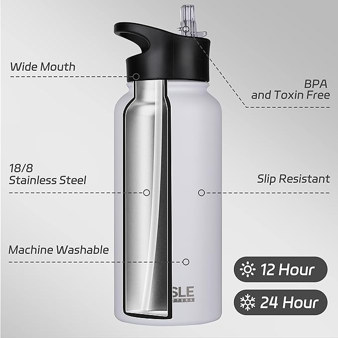 HASLE OUTFITTERS 32 oz Insulated Water Bottle Stainless Steel Double Walled Vacuum Sports Water Bottle with 2 Lids (Straw and Spout Lid) for Gym Camping Hiking(White,1)