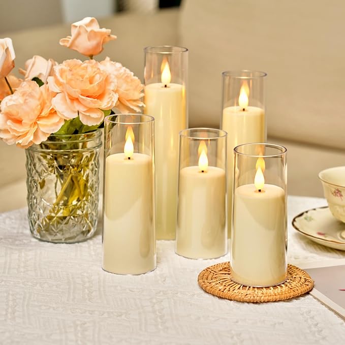 Amagic Flameless Candles Battery Operated, LED Candles with Remote and Timer, Acrylic Plexiglass Flickering Fake Candle for Wedding, Home Decor, Ivory White, Set of 5, D2.2 x H5 5" 6" 7" 8"