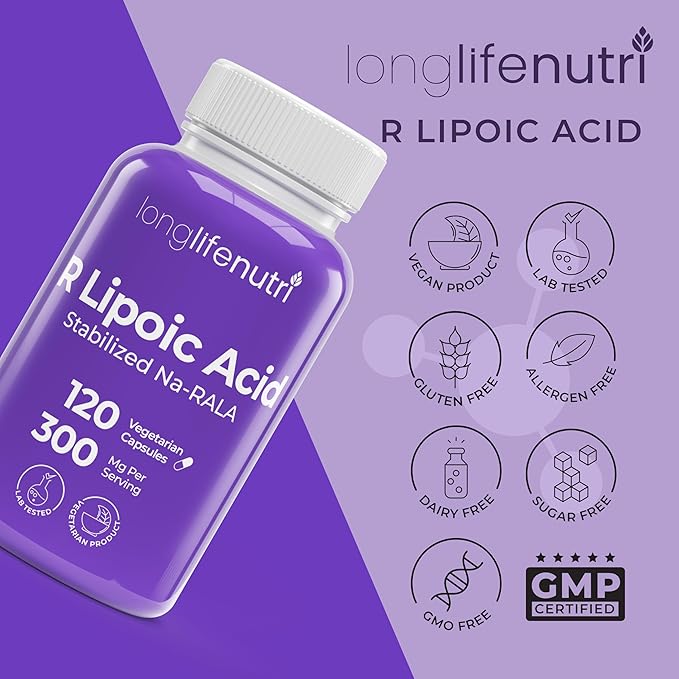 LongLifeNutri Stabilized R-Alpha Lipoic Acid 300mg – High Potency Na-RALA Supplement for Cellular Energy & Metabollic Function, 120 Vegetarian Capsules, 4-Month Supply, GMP Certified, Made in USA