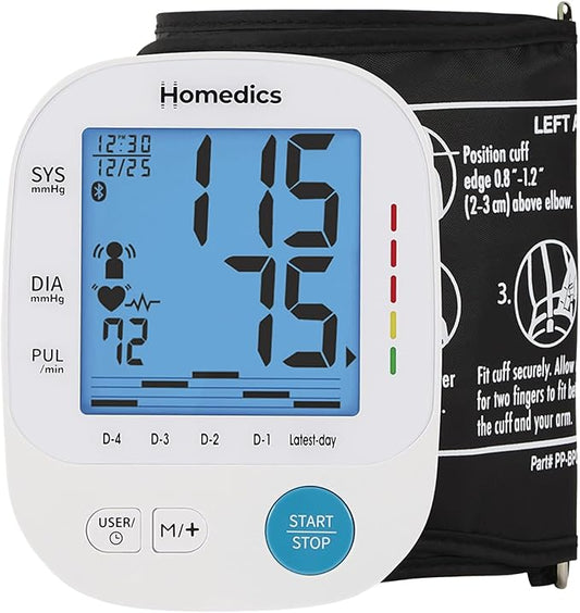 Homedics 700 Series Arm Blood Pressure Monitor for Home use, 5-Day Trend View, Irregular Heartbeat & Motion Detection, Bluetooth for Homedics Health App Sync, 2 Users, Soft Arm Cuff (9"-17")
