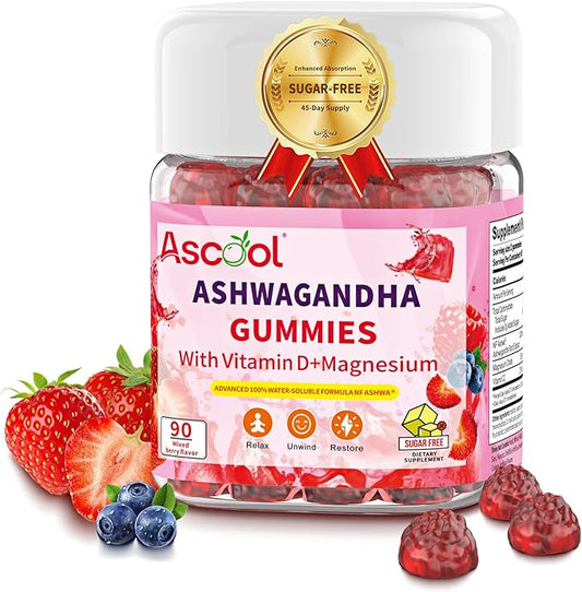Ashwagandha Gummies with Vitamin D & Magnesium – Sugar-Free, Vegan, Non-GMO, Gluten & Gelatin Free – Supports Stress Relief – Mixed Berry Flavor, 90 Count