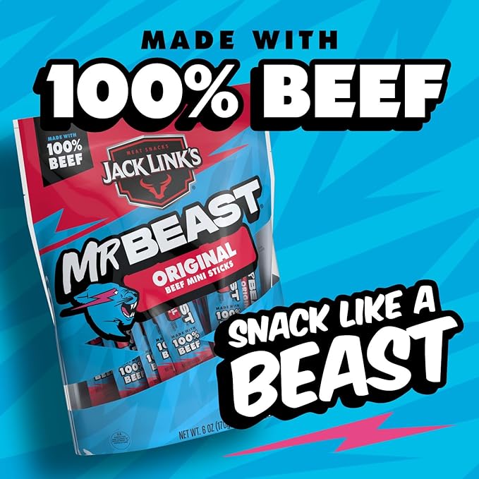Jack Link’s x MrBeast Original Mini Beef Sticks – 6g Protein per Serving, Individually Wrapped Meat Snacks, Made with 100% Real Beef, Pantry-Ready, Kids Snacks, 0.5oz (12 Count)