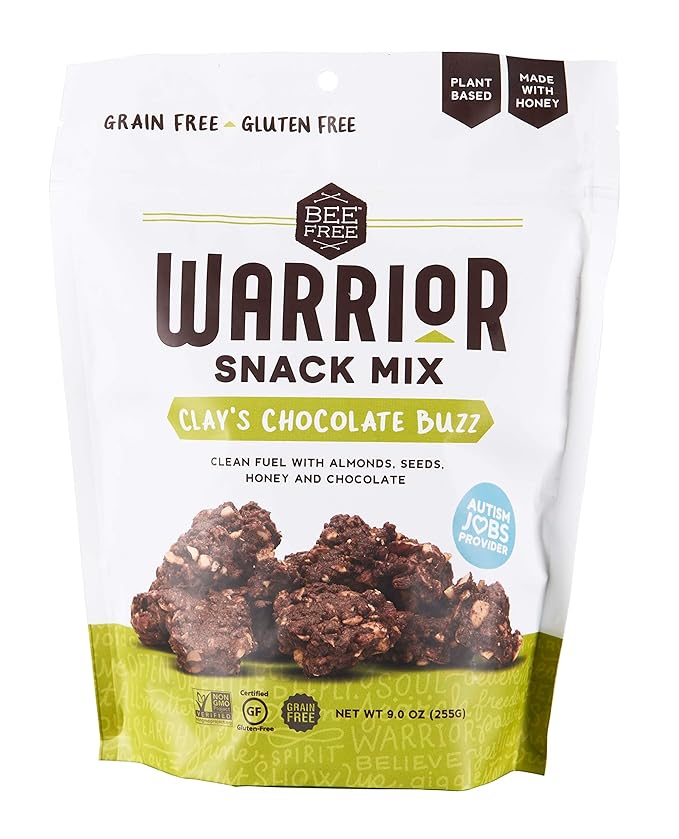 BeeFree Warrior Mix Gluten Free Granola - Chunky Granola Bites | Paleo Granola, Low Carb, Grain Free, Preservative Free, Oat Free | Granola for Yogurt, Low Calorie Snacks | Clay’s Chocolate Buzz, 9 Ounce Bags, 3 Pack