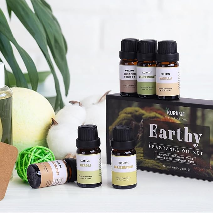 Essential Oil Set, Earthy Scents Fragrance Oil Essential Oils for Diffuser Oil Scents | Peppermint, Frankincense, Vanilla, Helichrysum, Neroli, Tobacco Vanilla Scented Oils, 6x10ml