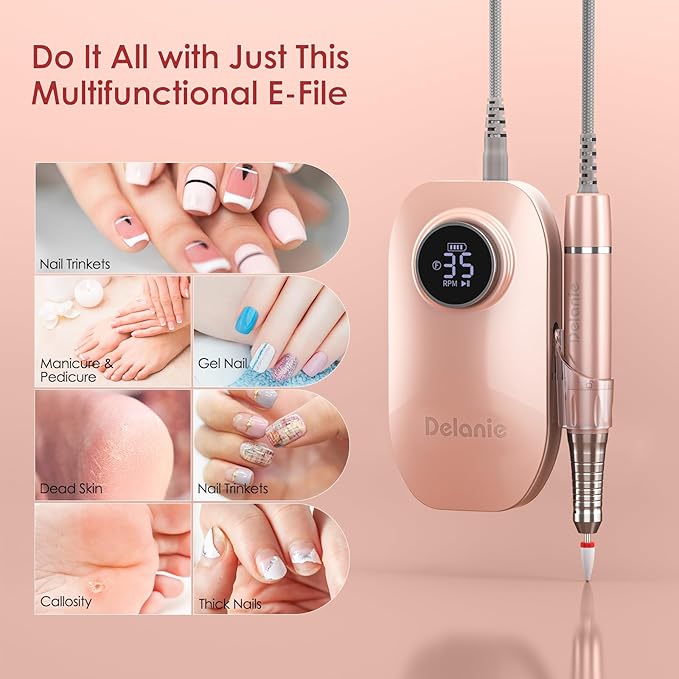 Delanie Brushless Nail Drill 35000 RPM Professional Rechargeable Portable Electric Nail File for Nail Tech, Rose Gold