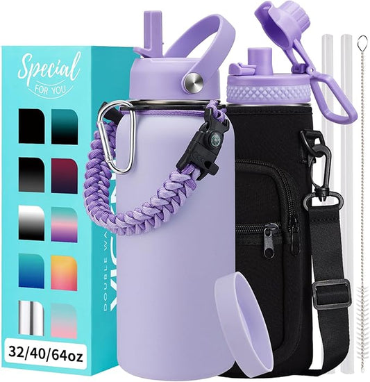 32/40/64 OZ Insulated Water Bottle - with Straw Spout Lid, 32 oz Water Bottles Sleeve, Paracord Handle, Protective Boot, Metal Thermo Stainless Steel Flask Cup for Work Sports Gym Travel