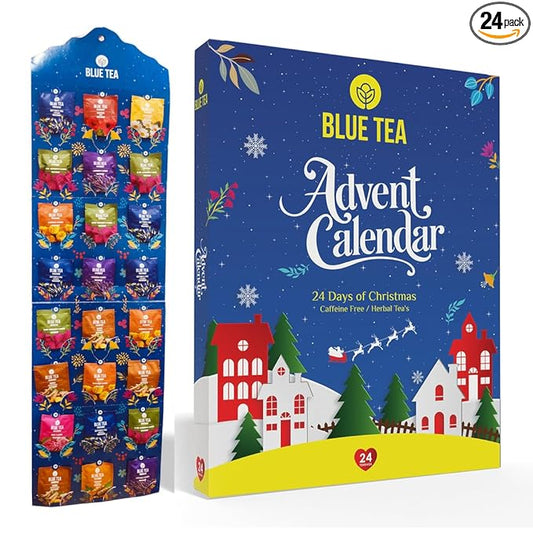 BLUE TEA - Advent Calendar 2025-24 Tea Bags - Plant Based - 24 Unique Tea - Assortment Variety Gift Pack | Tea Gift Set | Flower Based - Caffeine Free - Herbal Tea - Gift for Adult, Women & Men