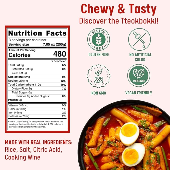 Korean Rice Cake Tteokbokki Stick – 1 Pack (3 Individual Package X 1 Pack) Vegan, Non-GMO, Gluten Free, Tteok Rice Cakes Food Pasta 21.16 oz Per Pack