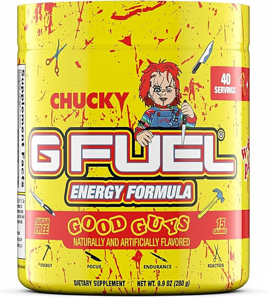 G Fuel Chucky Good Guys Energy Drink Powder, Pre Workout Caffeine Mix for Gaming, Sugar Free Focus Amino, Vitamin + Antioxidants, 9.9oz (Tropical Blood Orange, 40 Servings)