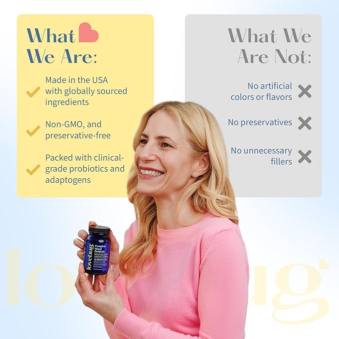 LoveBug Complete Mood Probiotics for Women - 50 Billion CFU, 10 Clinically Studied Strains, Lactobacillus Bifidobacterium Probiotic with Ashwagandha Digestive Health, Mood Support Supplement, 30 Count