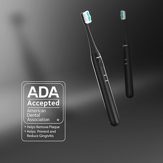 Aquasonic Icon ADA-Accepted Rechargeable Toothbrush | Magnetic Holder & Slim Travel Case | 2 Brushing Modes & Smart Timers | Gentle Micro-Vibrations(Onyx)