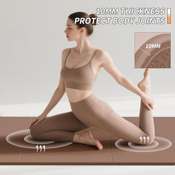 Foldable Fitness Yoga Mat | 2/5" (10MM) Extra Thick | SGS Certified Non-Slip TPE | 75x26" Extra Long-Wide | Portable & Easy Store | for Yoga, Pilates, Home Gym & Full-Body Workouts