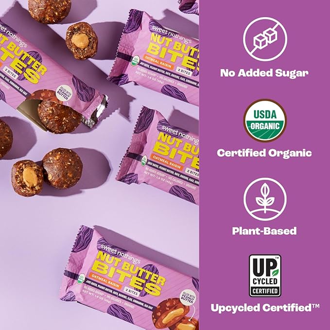 Sweet Nothings, Oatmeal Raisin, USDA Organic Nut Butter Bites Protein Bar, Nut & Date Snack, Filled with Peanut Butter, 12-2 Bite Value Packs - No Added Sugar, Good Source of Fiber, Only 7 Ingredients