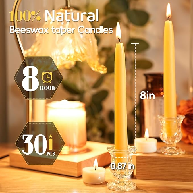 30 Pack Beeswax Taper Candles,8 inch Tall - Dripless and Smokeless All Natural Beeswax Candles Sticks,8 Hours Long Lasting Burning Time,100% Nontoxic Unscented Bee Wax Candle for Home