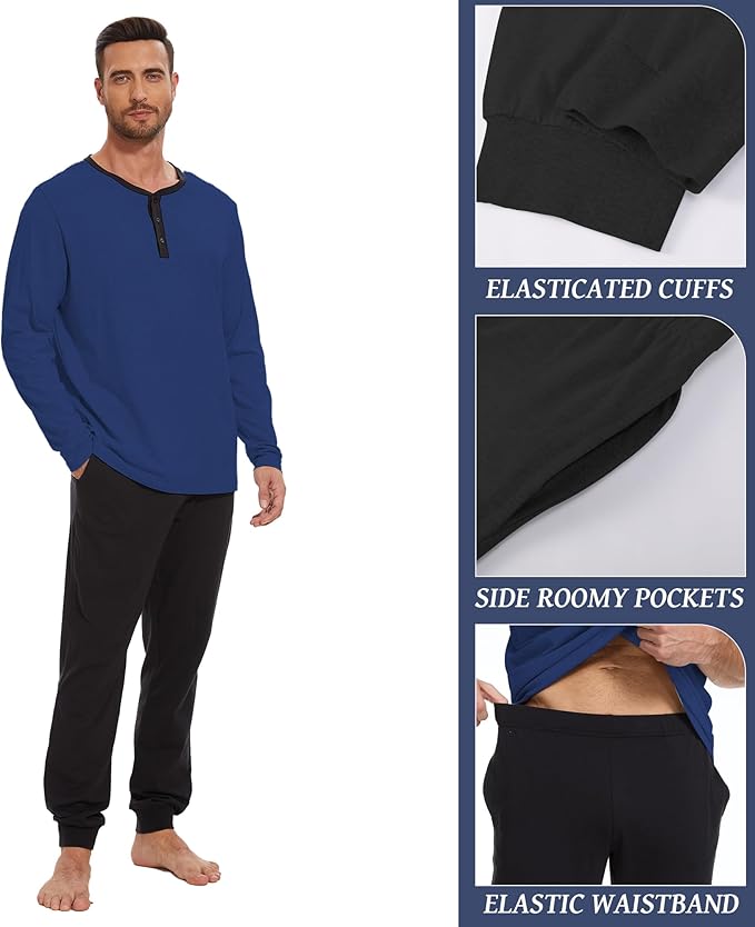 Men's Pajama Set with Henley Neckline 100% Cotton Soft and Comfortable Nightwear 2-Piece Lounge Set