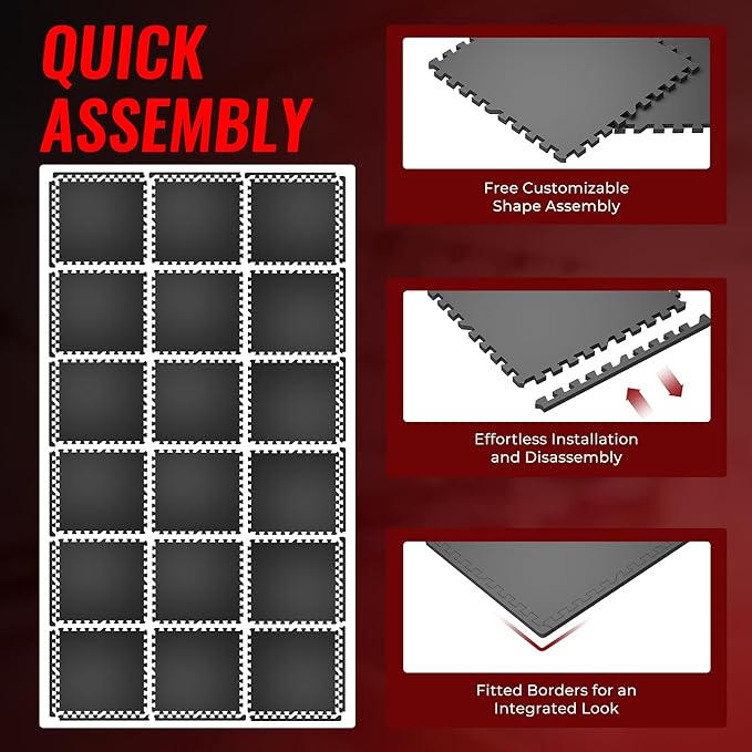 SUPERJARE 0.79'' Extra-Thick Exercise Equipment Mats, 18 Pcs 72 Sq Ft Rubber Top Floor Tiles with High Density EVA Foam, Interlocking Gym Flooring for Home Gym, Workout Mat, Black