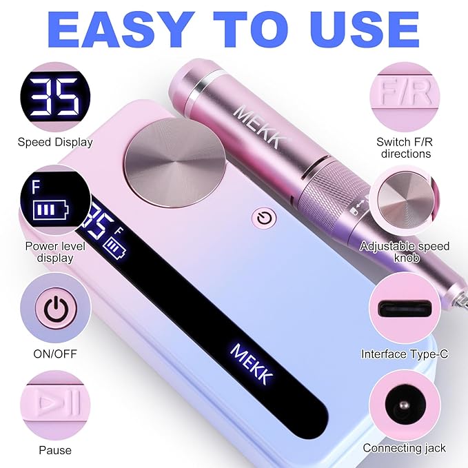 MEKK Nail Filer Electric Nail File,35000RPM Electric Nail Drill Kit with 12PCS Bits,Professional Anti-Shaking Cordless Nail Drill for Acrylic Nails,Home & Salon-Pink