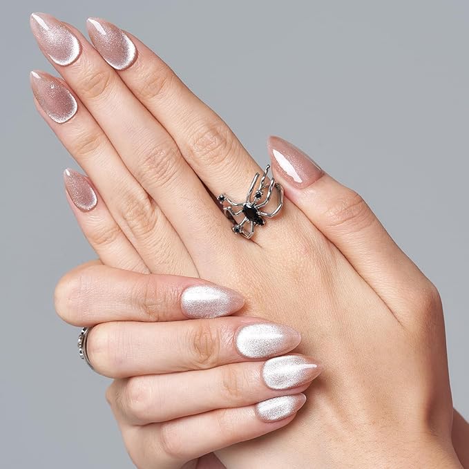 GLAMERMAID Nude Pink Magnet Cat Eyes Press on Nails Short Almond, Handmade Jelly Gel Fake Nail Kit, Aurora Ombre Glitter Magnetic Glue on Nail Stiletto, Pure Medium Oval Stick on False Nail for Women