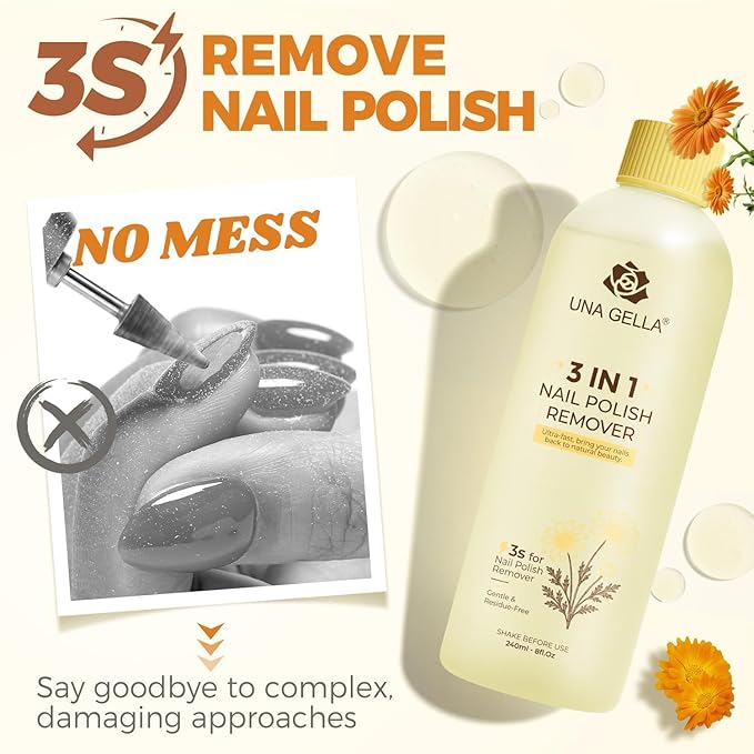 UNA GELLA Acetone Nail Polish Remover, Soak Off Gel Nails Polish Remover With Easy Use Cap, Healthy Formula Works For Nail Glue 8 Fl Oz, Calendula Scent