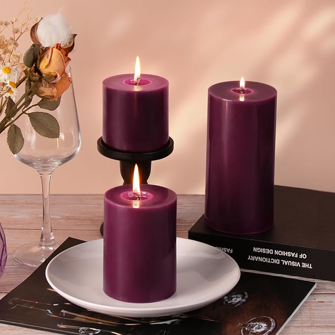 KONNI Purple Pillar Candles Set of 3, 3"x 3" Unscented Pillar Candles Bulk, 30 Hours Long Burning Candles, Smokeless&Dripless Large Round Candle for Wedding, Home Decoration, Parties, Spas, Dinner