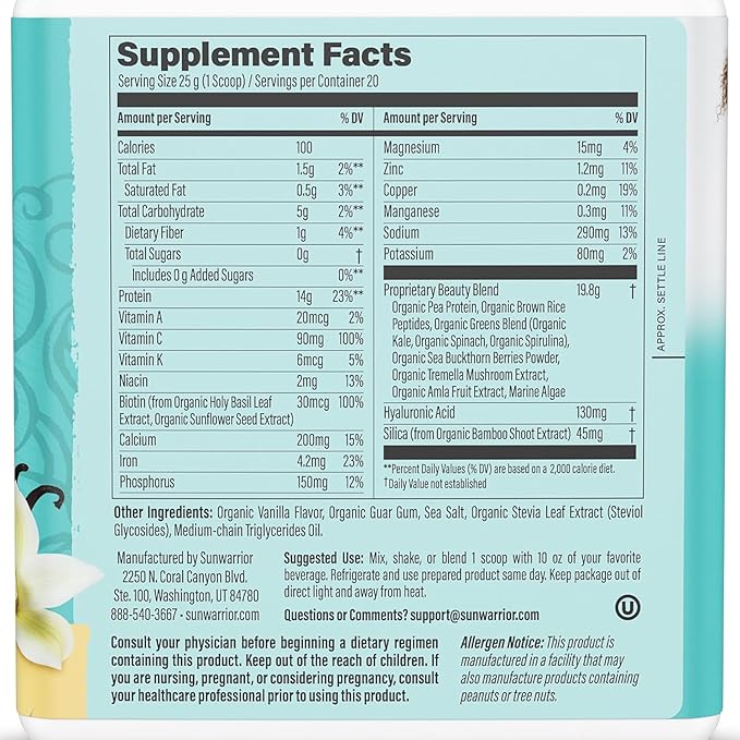 Sunwarrior Vegan Collagen Protein Powder Plant-Based | Silica Hyaluronic Acid Minerals Biotin Soy Free Dairy Free Gluten Free Non-GMO | Vanilla 20 Servings | Collagen Building Peptides