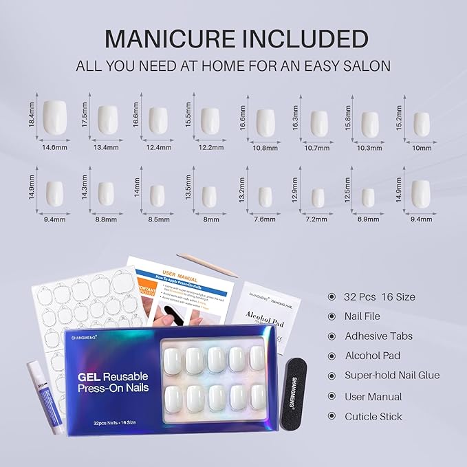 White Press on Nails Short - Soft Gel Square Press on Nails for Women Gift, Fit Perfectly & Natural Glue on Nails in 16 Sizes - 32 Reusable Fake Nails Kit with Glue, Classic White