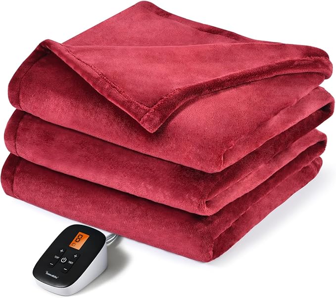 Sunable Heated Electric Blanket - Machine Washable Blanket with Time Settings 10 Heat Settings Full Size 77×84 inches Burgundy - Velvet