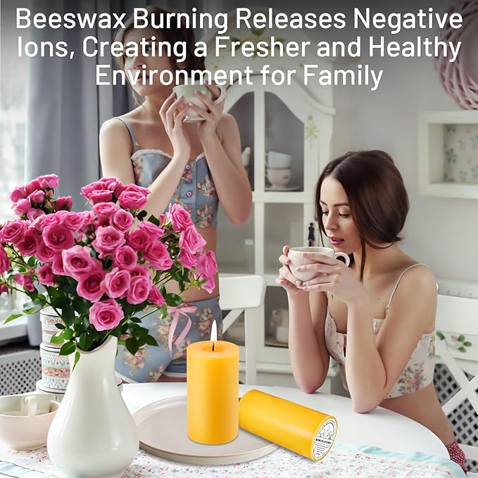 6 Pack Natural Beeswax Pillar Candles, 210 Hours Long Burning, 100% Pure Bees Wax Candles, Organic Emergency Beeswax Candles Bulk for Home Room Prayer Parties Relax, Smokeless & Dripless 2x4in