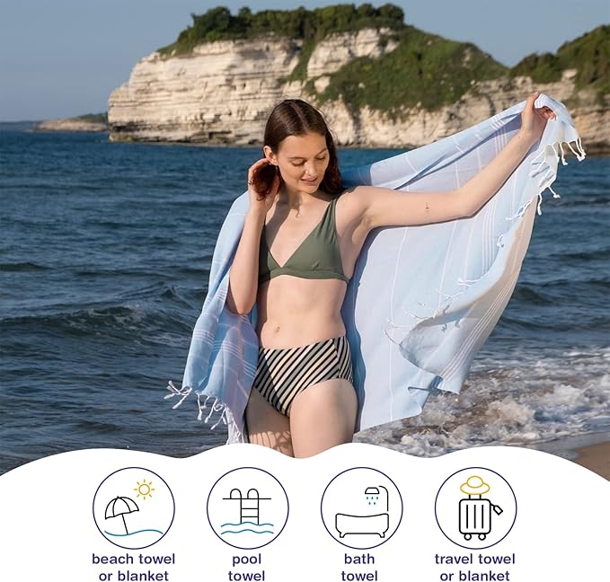 Turkish Beach Towels, Bulk Case of 24 | Oversized, Quick Dry, Sand Free | 100% Cotton, Large 38x71 Towels for Beach, Pool, Travel | Ultra-Soft, Compact, Absorbent | Baby Blue