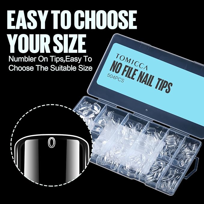 TOMICCA 504Pcs Acrylic Fake Nail Tips, Extra Short Square Press on Nails, 10 Sizes Full Cover Clear Natural Gel Nail Tips for Women and Girls DIY Nail Salon