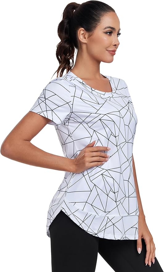 Women's Short Sleeve Workout Shirts Crewneck Sports Yoga Running Dry Fit Tops Side Split Tee
