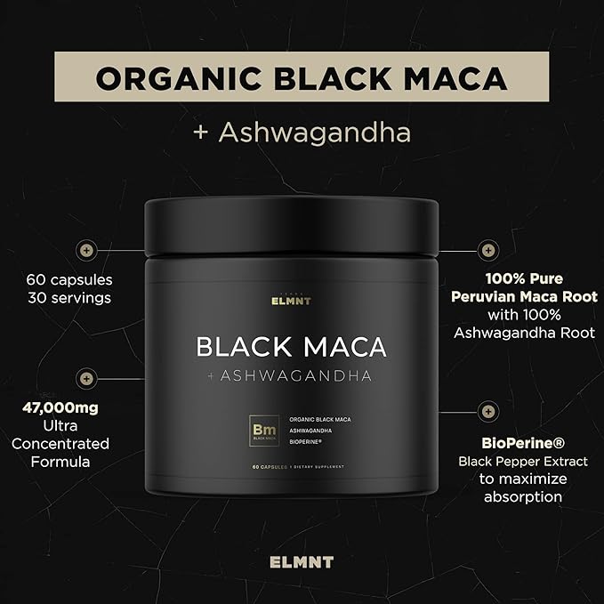 ELMNT 40,000mg 40x Strength Organic Black Maca Root w. Ashwagandha - #1 Highest Potency Black Maca Root Capsules for Men Supplement 40:1 Extract - 100% Pure Maca Peruana Maca Powder Pills Gelatinized