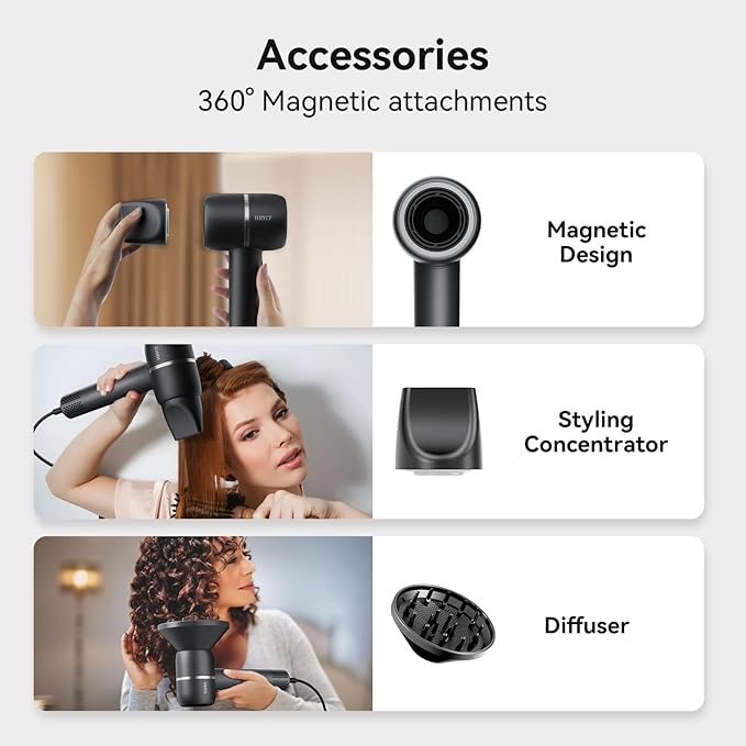 Fast Drying High Speed Hair Dryer,Negative Ionic Care Blow Dryer,Less Heat Damage Blow Dryer with Brushless Motor,Thermo-Control Low Noise with Magnetic Nozzle & Diffuser, Black