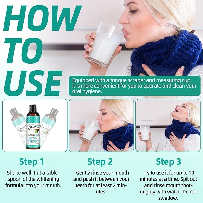 Coconut Oil Pulling for Fresh Breath and Oral Hygiene - Ayurvedic Expert Formulated | Supports Healthy Gums | Natural - Includes Tongue Scraper and Measuring Cup - 8 oz