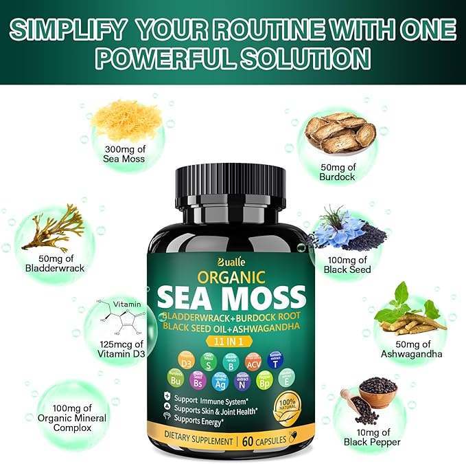 Organic Sea Moss Capsules with Black Seed Oil, Ashwagandha, Bladderwrack, Ginger & Burdock Root – Herbal Complex for Daily Wellness – 60 Capsules (1 Pack)