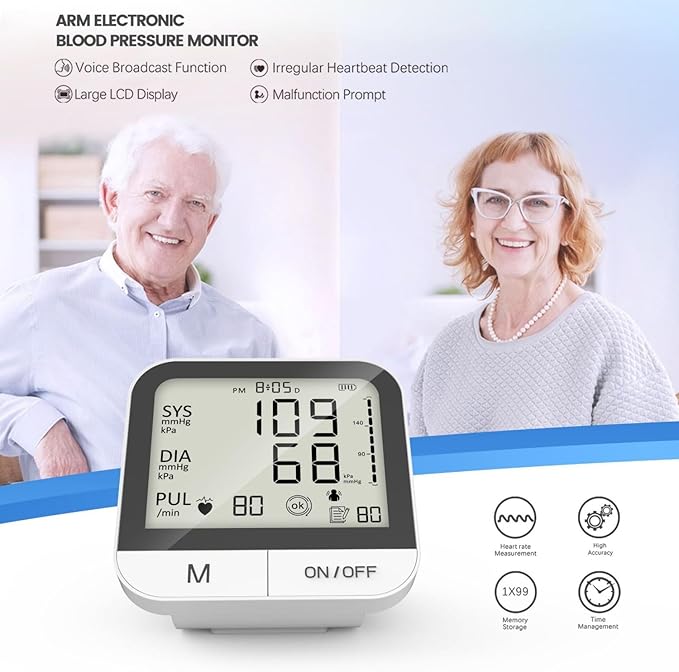Arm Blood Pressure Monitor for Home Use ，23cm~47cm Adjustable Cuff, with 99 Memory Storage, High Accuracy Upper Arm Machine, 4.5Inch Large Screen，Voice Guidance Blood Pressure Machine