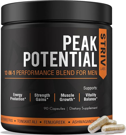Peak Potential 12-in-1 Testosterone Support for Men – Natural Strength, Energy & Muscle Builder with Tongkat Ali, Ashwagandha & Fenugreek – 90 Capsules
