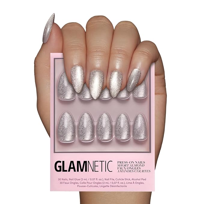 Glamnetic Press On Nails - Oslo | Short Almond Silver Shimmer Nails with a Cat Eye Finish | 15 Sizes - 30 Nail Kit with Glue