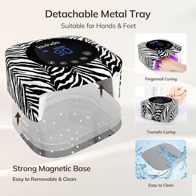 Lavinda UV Light for Gel Nails 54W UV Nail Lamp Cordless Rechargeable Nail Light with 4 Timer, 2X Faster Nail Polish Curing Lamp Nail Dryer for Salon Use-Zebra Pattern