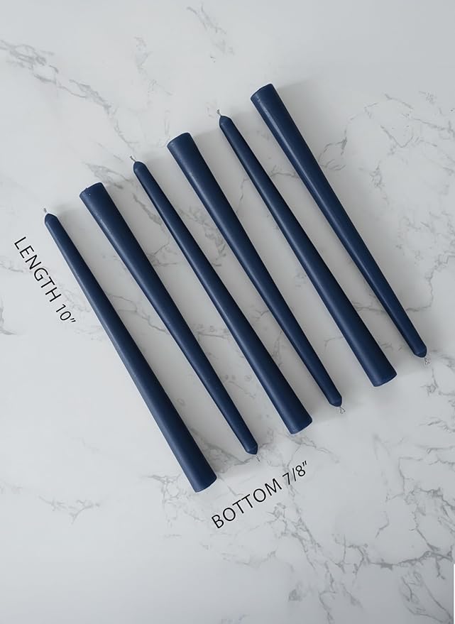 6 PK 10" Classic Taper Candles, Navy Blue, 7-8 Hours Long Burning, Unscented Tall Candlesticks