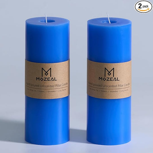 MOZEAL 3" x 8" Hand-Poured Unscented Large Candle,Smokeless Rustic Pillar Candle Set of 2,Slow Burn,No Drip,Approx 150 Hours Burning,Wedding,Dinner,Christmas and Home Decorative,Tall Blue Candle