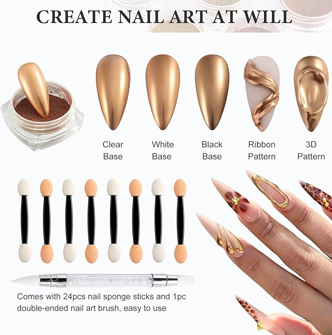 24 Colors Chrome Nail Powder Set Metallic Mirror Effect Holographic Nail Powder Iridescent Aurua Nail Chrome Powder Pigment Dust for Nail Art Decor French Manicure Supplies