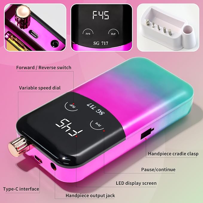 LIMEGIRL Professional Electric Nail File Drill Bits Kit 45000RPM for Acrylic Toenail Machine Clippers with 14 Drill Bit Gradient Green Portable Rechargeable Cordless