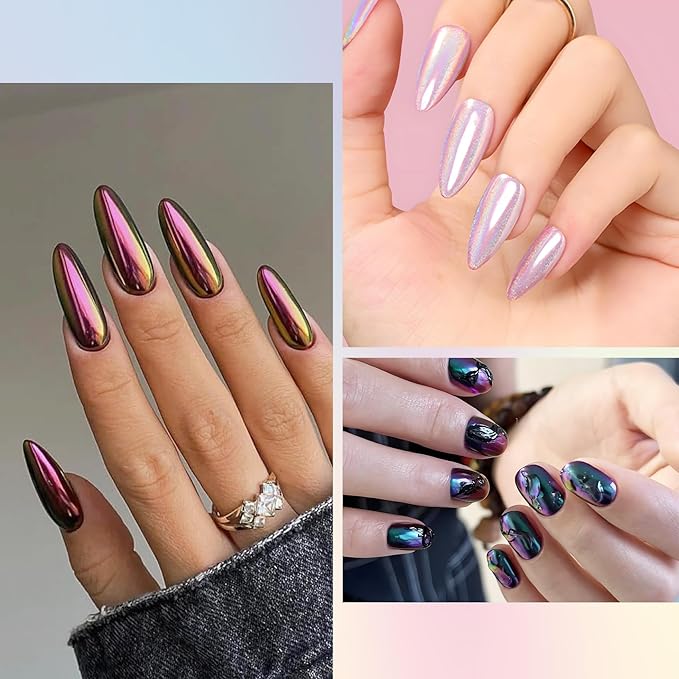 Chrome Nail Powder Kit: 10 Jars 8 Colors Metallic Mirror Effect 2 Colors Holographic Aurora Chameleon Nail Art - 1g/Jar Silver Pink Gold Purple Chrome Powder for Nails