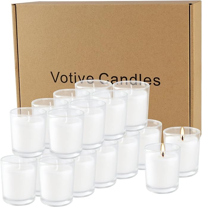20 Pack White Unscented Glass Cup Candles - 15-20 Hour Burn Time, Soy Wax, Minimalist Style for Home Decor, Weddings, Parties & Special Occasions.