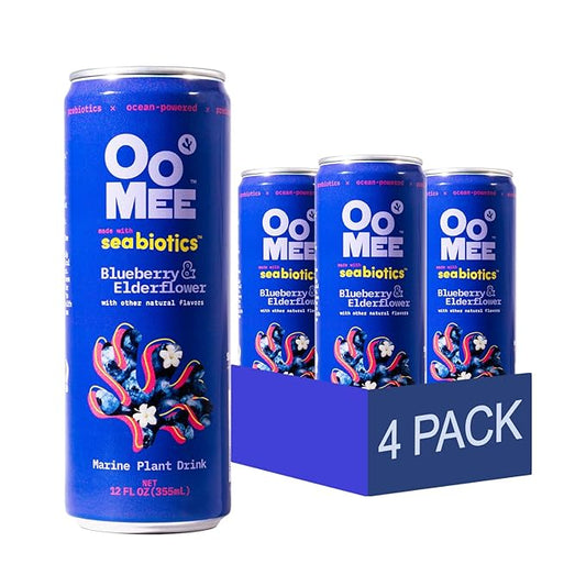 OoMee Prebiotic Beverage (12 Ounce Cans, Pack of 12) - Vegan, Sustainable Marine Sourced Prebiotics, Support Digestive Health, Plant-Based, Low Sugar (4 Pack, Blueberry & Elderflower)