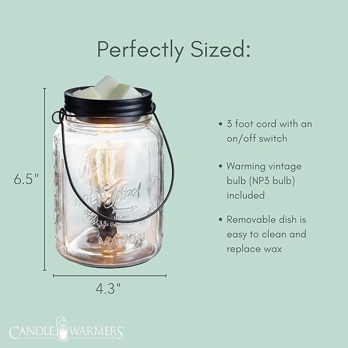 Candle Warmers Etc. Vintage Style Bulb Fragrance Warmer- Light-Up Warmer for Warming Scented Candle Wax Melts and Tarts or Essential Oils to Freshen Room, Clear Mason Jar
