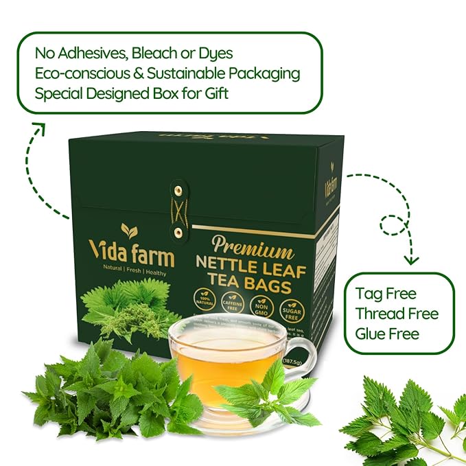 VIDA FARM 125 Nettle Tea Bags, 100% Natural Nettle Leaf Tea, Dried Stinging Nettle Tea, Stinging Nettle Leaf Herbal Tea, No Caffeine, No Sugar, No Gluten, Vegan